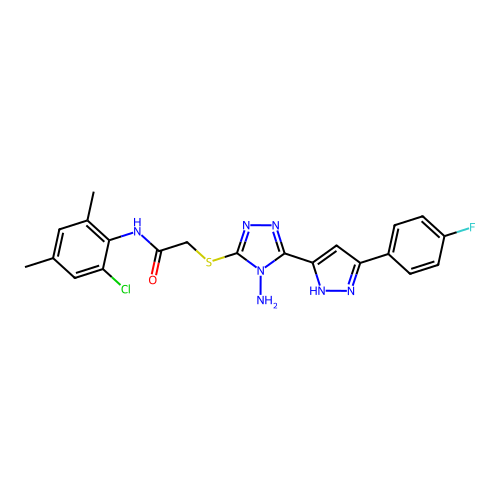 2-((4-amino-5-(3-(4-fluorophenyl)-1H-pyrazol-5-yl)-4H-1,2,4-triazol-3-yl)thio)-N-(2-chloro-4,6-dimethylphenyl)acetamide structure
