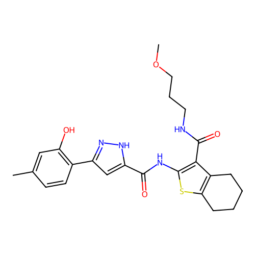 3-(2-hydroxy-4-methylphenyl)-N-(3-((3-methoxypropyl)carbamoyl)-4,5,6,7-tetrahydrobenzo[b]thiophen-2-yl)-1H-pyrazole-5-carboxamide structure