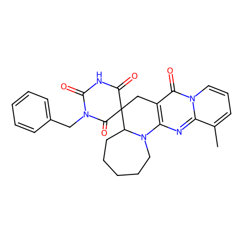 1'-benzyl-13-methyl-1,2,3,4,5,5a-hexahydro-1'H-spiro[pyrido[1'',2'':1',2']pyrimido[5',4':5,6]pyrido[1,2-a]azepine-6,5'-pyrimidine]-2',4',6',8(3'H,7H)-tetraone structure