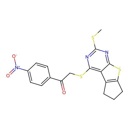 2-((2-(methylthio)-6,7-dihydro-5H-cyclopenta[4,5]thieno[2,3-d]pyrimidin-4-yl)thio)-1-(4-nitrophenyl)ethanone structure