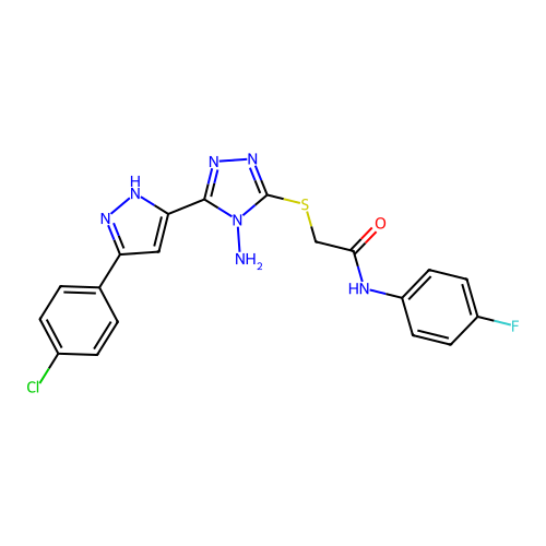 2-((4-amino-5-(3-(4-chlorophenyl)-1H-pyrazol-5-yl)-4H-1,2,4-triazol-3-yl)thio)-N-(4-fluorophenyl)acetamide structure