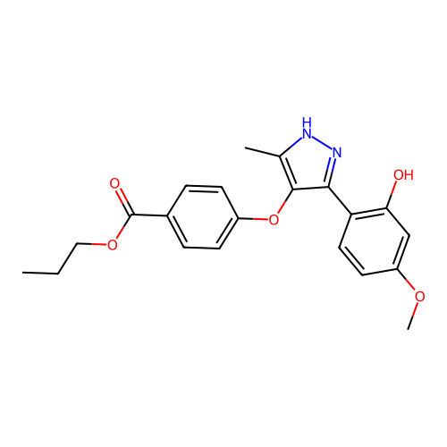 propyl 4-{[3-(2-hydroxy-4-methoxyphenyl)-5-methyl-1H-pyrazol-4-yl]oxy}benzoate structure