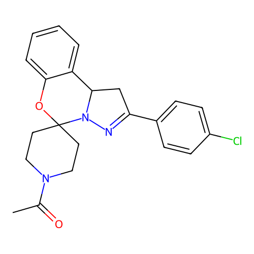 1-(2-(4-chlorophenyl)-1,10b-dihydrospiro[benzo[e]pyrazolo[1,5-c][1,3]oxazine-5,4'-piperidin]-1'-yl)ethanone structure