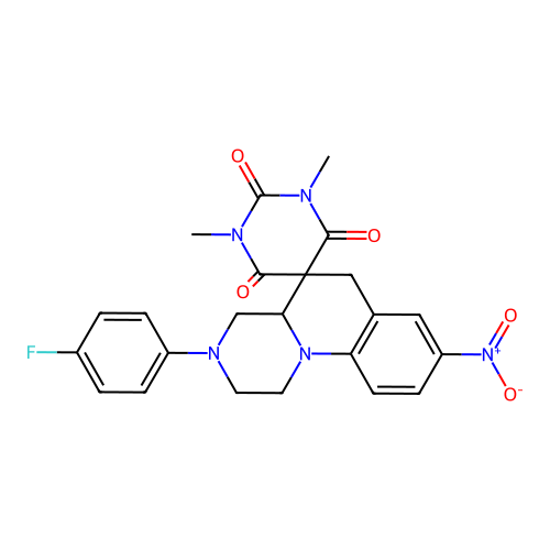 3'-(4-fluorophenyl)-1,3-dimethyl-8'-nitrospiro[1,3-diazinane-5,5'-2,4,4a,6-tetrahydro-1H-pyrazino[1,2-a]quinoline]-2,4,6-trione structure