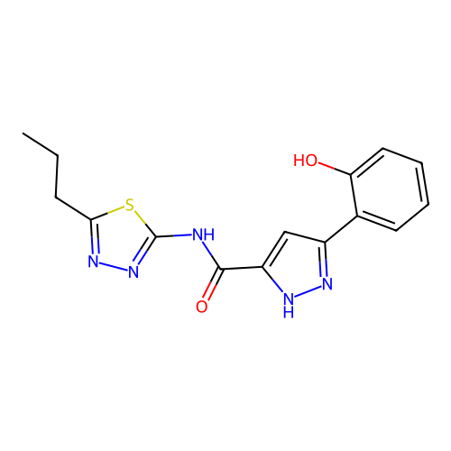 5-(2-hydroxyphenyl)-N-(5-propyl-1,3,4-thiadiazol-2-yl)-1H-pyrazole-3-carboxamide structure