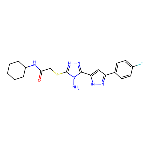 2-((4-amino-5-(3-(4-fluorophenyl)-1H-pyrazol-5-yl)-4H-1,2,4-triazol-3-yl)thio)-N-cyclohexylacetamide structure