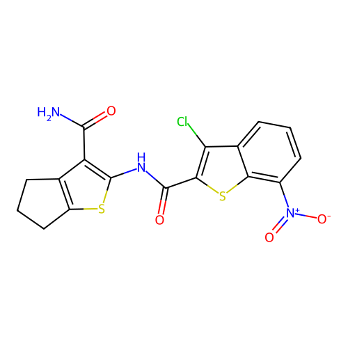 N-(3-carbamoyl-5,6-dihydro-4H-cyclopenta[b]thiophen-2-yl)-3-chloro-7-nitro-1-benzothiophene-2-carboxamide structure