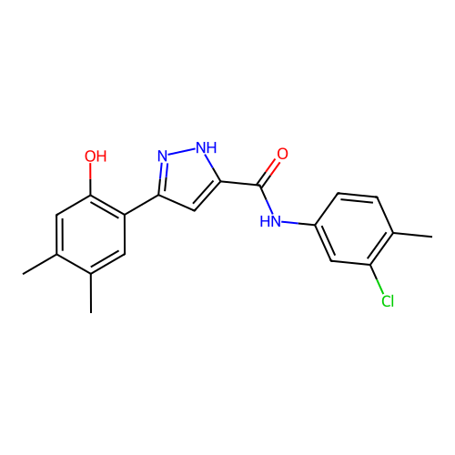 N-(3-chloro-4-methylphenyl)-5-(2-hydroxy-4,5-dimethylphenyl)-1H-pyrazole-3-carboxamide structure