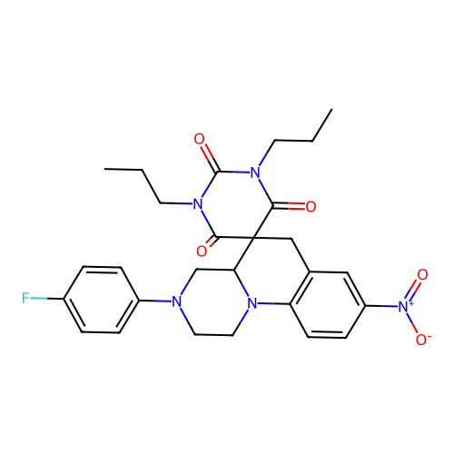 3'-(4-fluorophenyl)-8'-nitro-1,3-dipropylspiro[1,3-diazinane-5,5'-2,4,4a,6-tetrahydro-1H-pyrazino[1,2-a]quinoline]-2,4,6-trione structure