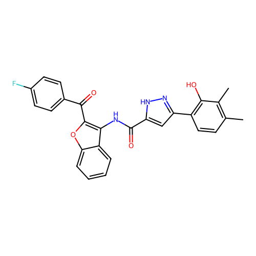 5-(4,5-dimethyl-6-oxocyclohexa-2,4-dien-1-ylidene)-N-[2-(4-fluorobenzoyl)-1-benzofuran-3-yl]-1,2-dihydropyrazole-3-carboxamide structure