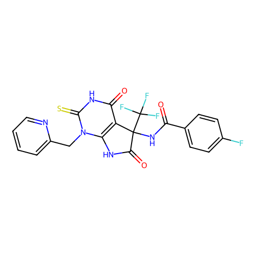N-(4,6-dioxo-1-(pyridin-2-ylmethyl)-2-thioxo-5-(trifluoromethyl)-2,3,4,5,6,7-hexahydro-1H-pyrrolo[2,3-d]pyrimidin-5-yl)-4-fluorobenzamide structure