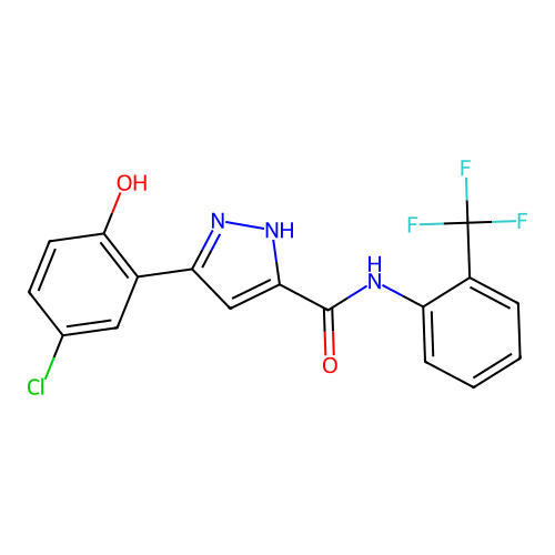 5-(5-chloro-2-hydroxyphenyl)-N-[2-(trifluoromethyl)phenyl]-1H-pyrazole-3-carboxamide structure