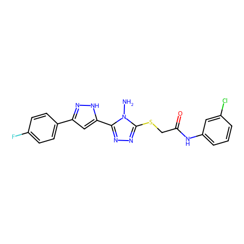 2-((4-amino-5-(3-(4-fluorophenyl)-1H-pyrazol-5-yl)-4H-1,2,4-triazol-3-yl)thio)-N-(3-chlorophenyl)acetamide structure