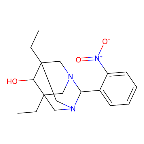 (1r,5R,7S)-5,7-diethyl-2-(2-nitrophenyl)-1,3-diazaadamantan-6-ol structure