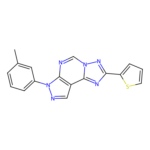 2-(thiophen-2-yl)-7-(m-tolyl)-7H-pyrazolo[4,3-e][1,2,4]triazolo[1,5-c]pyrimidine structure