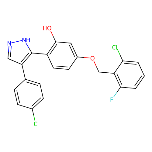 5-[(2-chloro-6-fluorobenzyl)oxy]-2-[4-(4-chlorophenyl)-1H-pyrazol-3-yl]phenol structure