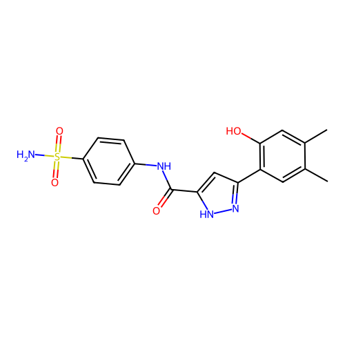 5-(2-hydroxy-4,5-dimethylphenyl)-N-(4-sulfamoylphenyl)-1H-pyrazole-3-carboxamide structure