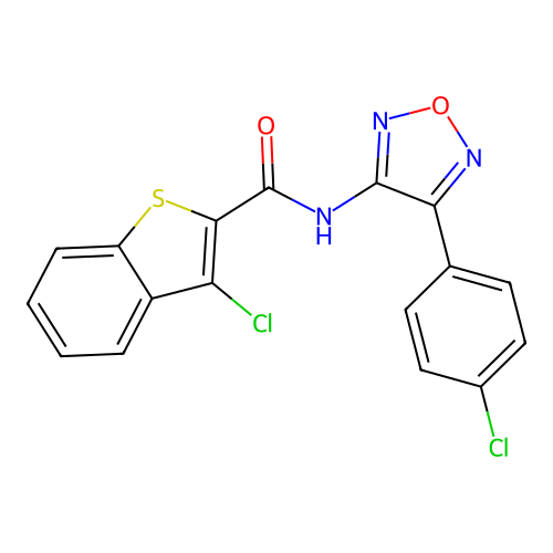 3-chloro-N-[4-(4-chlorophenyl)-1,2,5-oxadiazol-3-yl]-1-benzothiophene-2-carboxamide structure