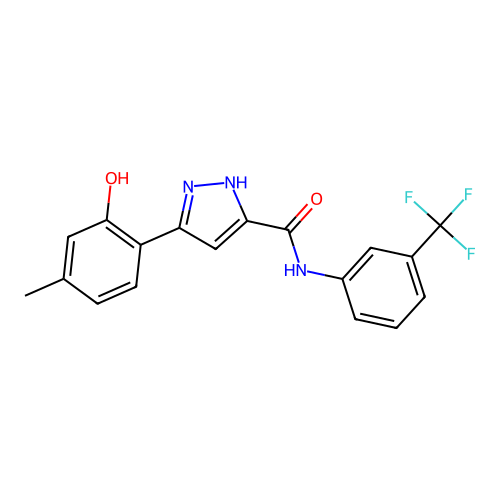 5-(2-hydroxy-4-methylphenyl)-N-[3-(trifluoromethyl)phenyl]-1H-pyrazole-3-carboxamide structure