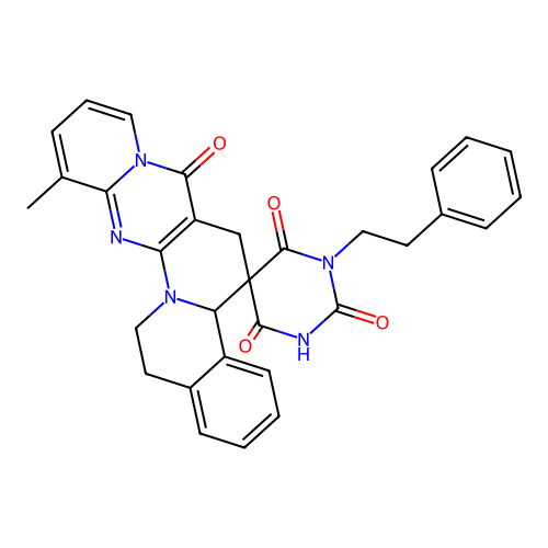 2'-hydroxy-12-methyl-1'-(2-phenylethyl)-15,16-dihydro-4'H,4bH,6H,7H-spiro[pyrido[1'',2'':1',2']pyrimido[5',4':5,6]pyrido[2,1-a]isoquinoline-5,5'-pyrimidine]-4',6',7(1'H)-trione structure