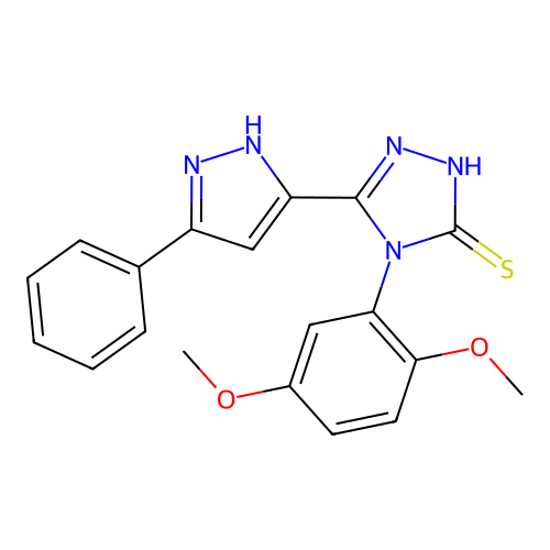 4-(2,5-dimethoxyphenyl)-3-(3-phenyl-1H-pyrazol-5-yl)-1H-1,2,4-triazole-5-thione structure