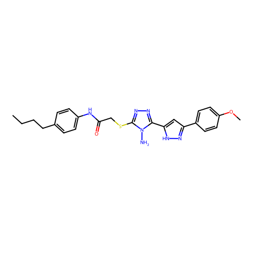 2-((4-amino-5-(3-(4-methoxyphenyl)-1H-pyrazol-5-yl)-4H-1,2,4-triazol-3-yl)thio)-N-(4-butylphenyl)acetamide structure