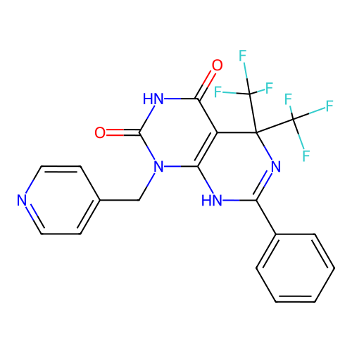 7-phenyl-1-(pyridin-4-ylmethyl)-5,5-bis(trifluoromethyl)-5,8-dihydropyrimido[4,5-d]pyrimidine-2,4(1H,3H)-dione structure