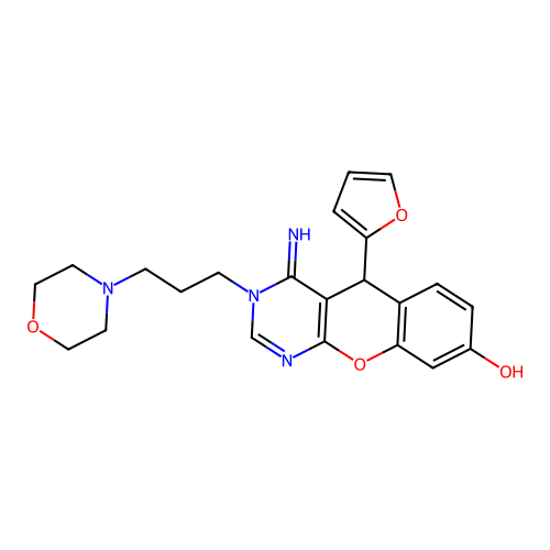 5-(furan-2-yl)-4-imino-3-(3-morpholin-4-ylpropyl)-5H-chromeno[2,3-d]pyrimidin-8-ol structure