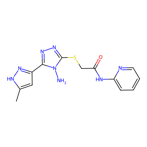 2-((4-amino-5-(3-methyl-1H-pyrazol-5-yl)-4H-1,2,4-triazol-3-yl)thio)-N-(pyridin-2-yl)acetamide structure