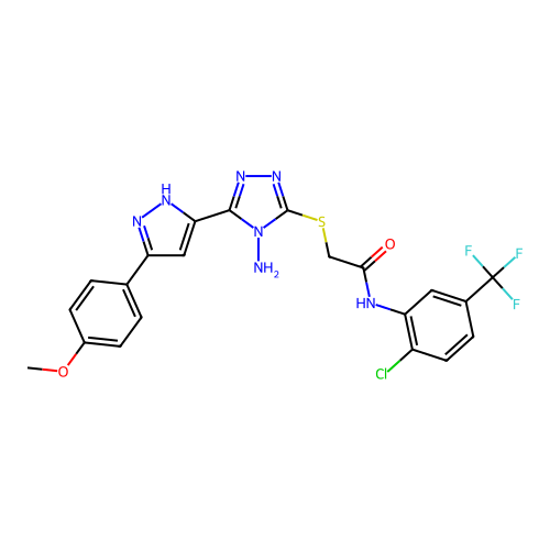 2-((4-amino-5-(3-(4-methoxyphenyl)-1H-pyrazol-5-yl)-4H-1,2,4-triazol-3-yl)thio)-N-(2-chloro-5-(trifluoromethyl)phenyl)acetamide structure