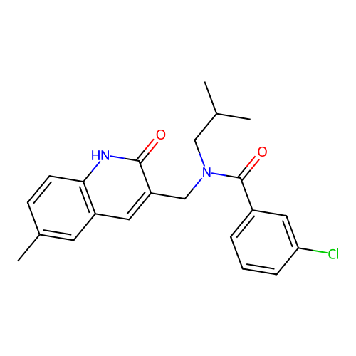 3-chloro-N-[(6-methyl-2-oxo-1H-quinolin-3-yl)methyl]-N-(2-methylpropyl)benzamide structure