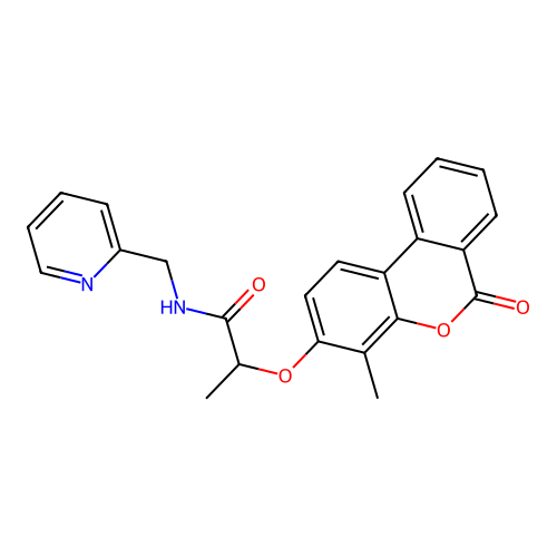 2-((4-methyl-6-oxo-6H-benzo[c]chromen-3-yl)oxy)-N-(pyridin-2-ylmethyl)propanamide structure