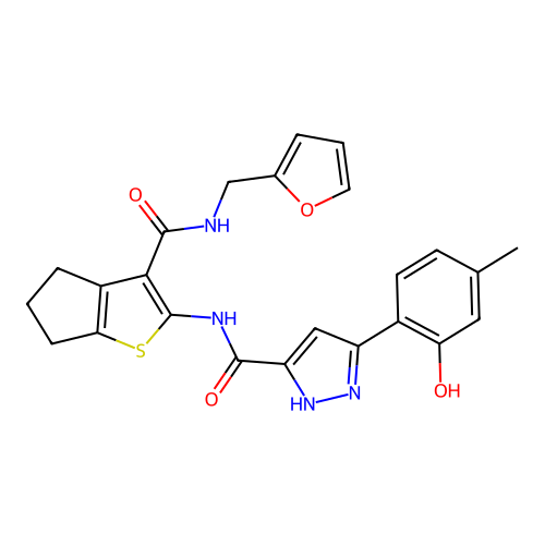 N-{3-[(furan-2-ylmethyl)carbamoyl]-5,6-dihydro-4H-cyclopenta[b]thiophen-2-yl}-5-(2-hydroxy-4-methylphenyl)-1H-pyrazole-3-carboxamide structure