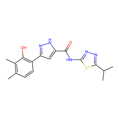 3-(2-hydroxy-3,4-dimethylphenyl)-N-[5-(propan-2-yl)-1,3,4-thiadiazol-2-yl]-1H-pyrazole-5-carboxamide structure