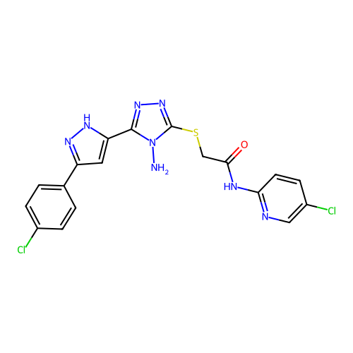 2-((4-amino-5-(3-(4-chlorophenyl)-1H-pyrazol-5-yl)-4H-1,2,4-triazol-3-yl)thio)-N-(5-chloropyridin-2-yl)acetamide structure