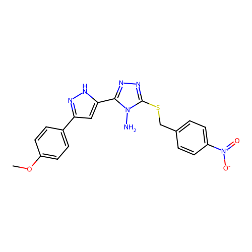 3-(3-(4-methoxyphenyl)-1H-pyrazol-5-yl)-5-((4-nitrobenzyl)thio)-4H-1,2,4-triazol-4-amine structure