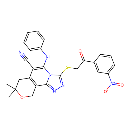 8,8-dimethyl-3-((2-(3-nitrophenyl)-2-oxoethyl)thio)-5-(phenylamino)-8,10-dihydro-7H-pyrano[3,4-c][1,2,4]triazolo[4,3-a]pyridine-6-carbonitrile structure