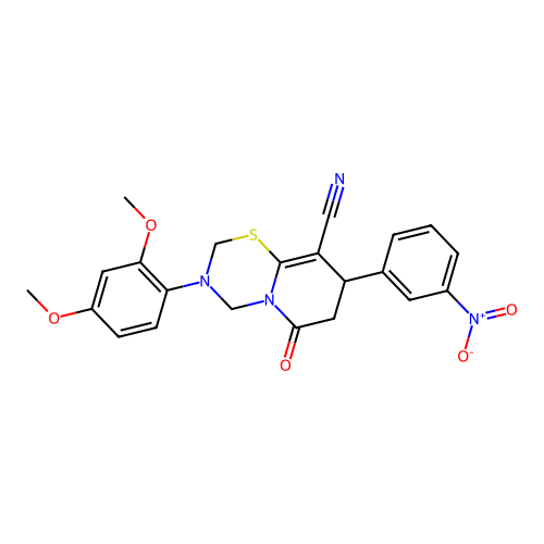 3-(2,4-dimethoxyphenyl)-8-(3-nitrophenyl)-6-oxo-3,4,7,8-tetrahydro-2H,6H-pyrido[2,1-b][1,3,5]thiadiazine-9-carbonitrile structure