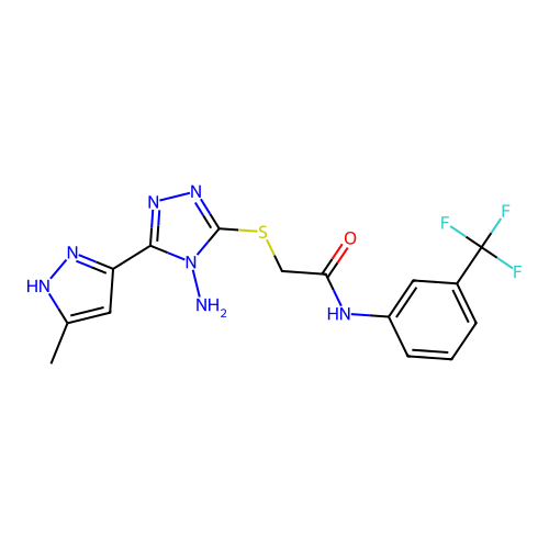 2-((4-amino-5-(3-methyl-1H-pyrazol-5-yl)-4H-1,2,4-triazol-3-yl)thio)-N-(3-(trifluoromethyl)phenyl)acetamide structure
