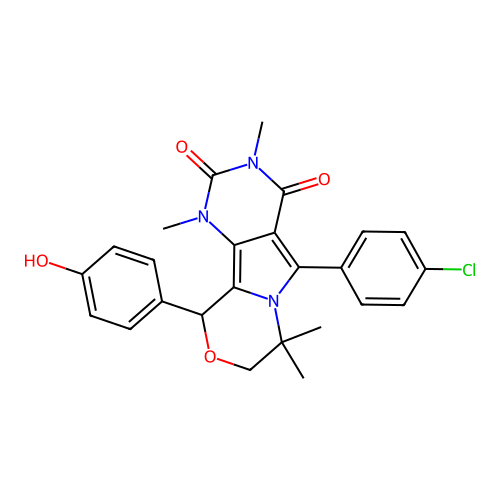 5-(4-chlorophenyl)-10-(4-hydroxyphenyl)-1,3,7,7-tetramethyl-1,7,8,10-tetrahydro-2H-pyrimido[4',5':3,4]pyrrolo[2,1-c][1,4]oxazine-2,4(3H)-dione structure