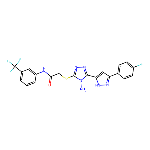 2-((4-amino-5-(3-(4-fluorophenyl)-1H-pyrazol-5-yl)-4H-1,2,4-triazol-3-yl)thio)-N-(3-(trifluoromethyl)phenyl)acetamide structure