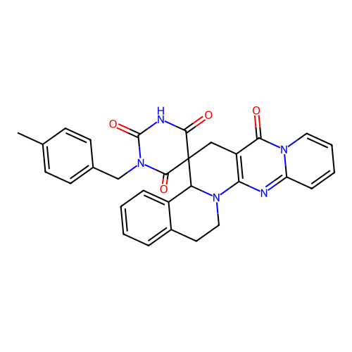 1'-(4-methylbenzyl)-15,16-dihydro-1'H,4bH-spiro[pyrido[1'',2'':1',2']pyrimido[5',4':5,6]pyrido[2,1-a]isoquinoline-5,5'-pyrimidine]-2',4',6',7(3'H,6H)-tetraone structure