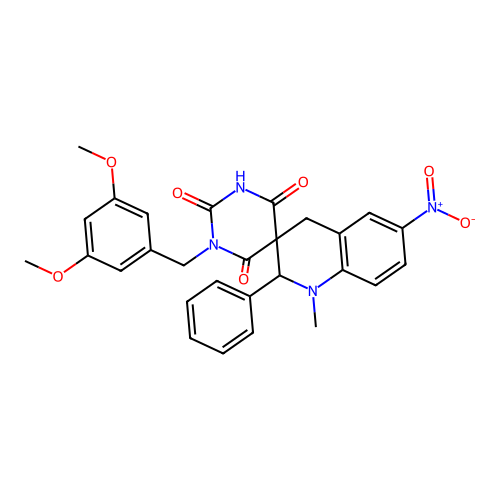 1-(3,5-dimethoxybenzyl)-1'-methyl-6'-nitro-2'-phenyl-2',4'-dihydro-1H,1'H-spiro[pyrimidine-5,3'-quinoline]-2,4,6(3H)-trione structure