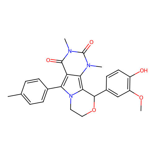 10-(4-hydroxy-3-methoxyphenyl)-1,3-dimethyl-5-(4-methylphenyl)-1,7,8,10-tetrahydro-2H-pyrimido[4',5':3,4]pyrrolo[2,1-c][1,4]oxazine-2,4(3H)-dione structure