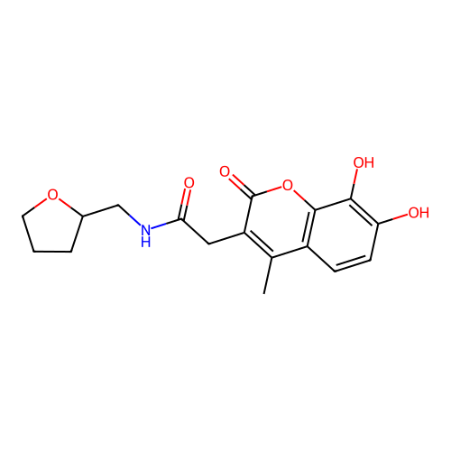 2-(7,8-dihydroxy-4-methyl-2-oxo-2H-chromen-3-yl)-N-(tetrahydrofuran-2-ylmethyl)acetamide structure