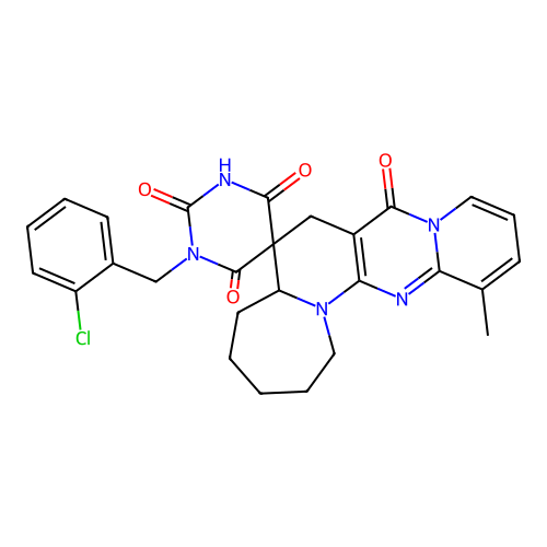 1'-(2-chlorobenzyl)-13-methyl-1,2,3,4,5,5a-hexahydro-1'H-spiro[pyrido[1'',2'':1',2']pyrimido[5',4':5,6]pyrido[1,2-a]azepine-6,5'-pyrimidine]-2',4',6',8(3'H,7H)-tetraone structure