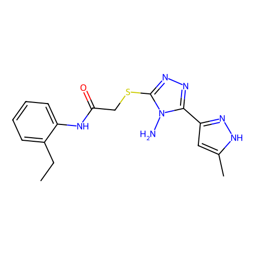 2-[[4-amino-5-(5-methyl-1H-pyrazol-3-yl)-1,2,4-triazol-3-yl]sulfanyl]-N-(2-ethylphenyl)acetamide structure