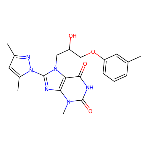 8-(3,5-dimethylpyrazol-1-yl)-7-[2-hydroxy-3-(3-methylphenoxy)propyl]-3-methylpurine-2,6-dione structure