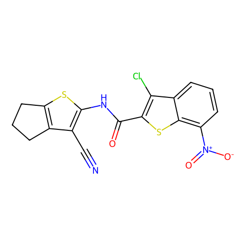 3-chloro-N-(3-cyano-5,6-dihydro-4H-cyclopenta[b]thiophen-2-yl)-7-nitro-1-benzothiophene-2-carboxamide structure