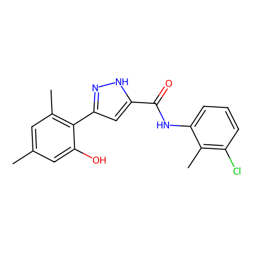 N-(3-chloro-2-methylphenyl)-5-(2-hydroxy-4,6-dimethylphenyl)-1H-pyrazole-3-carboxamide structure